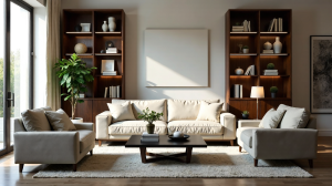 Staubfänger im Wohnzimmer: Polstermöbel, offene Regale und dunkle Oberflächen